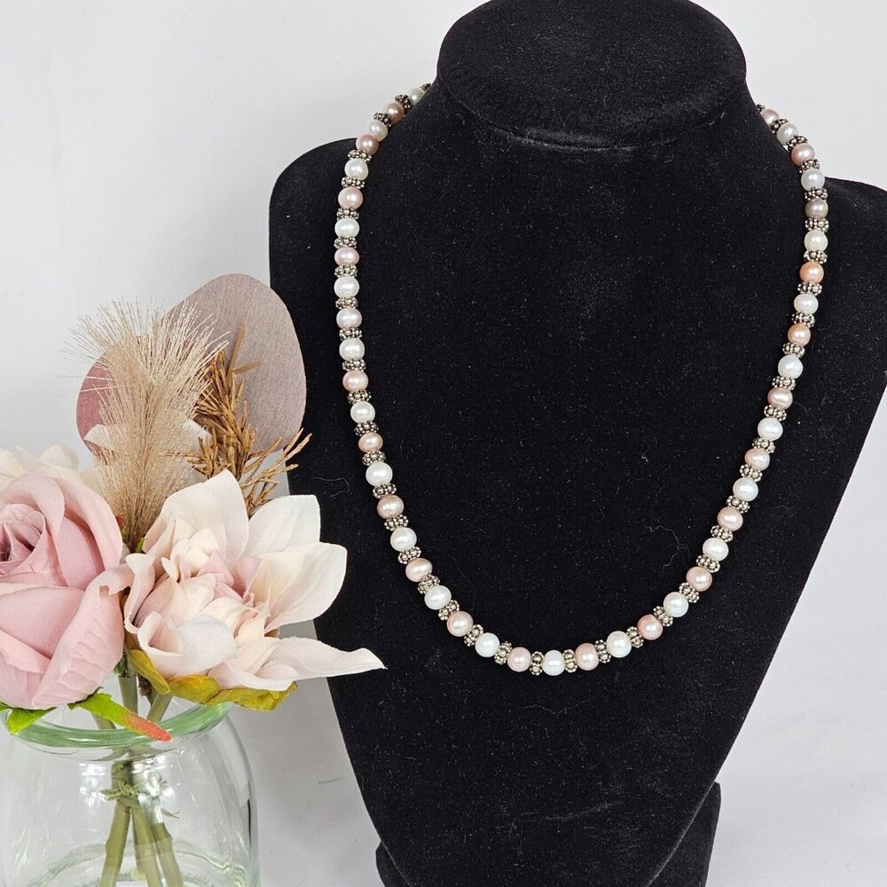 Classic 18"‎ Freshwater Pearl Necklace Pink White Silver Beads Feminine Romantic